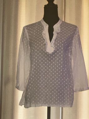 Talbots White Sheer Swiss Dot Ruffle V-Neck Blouse